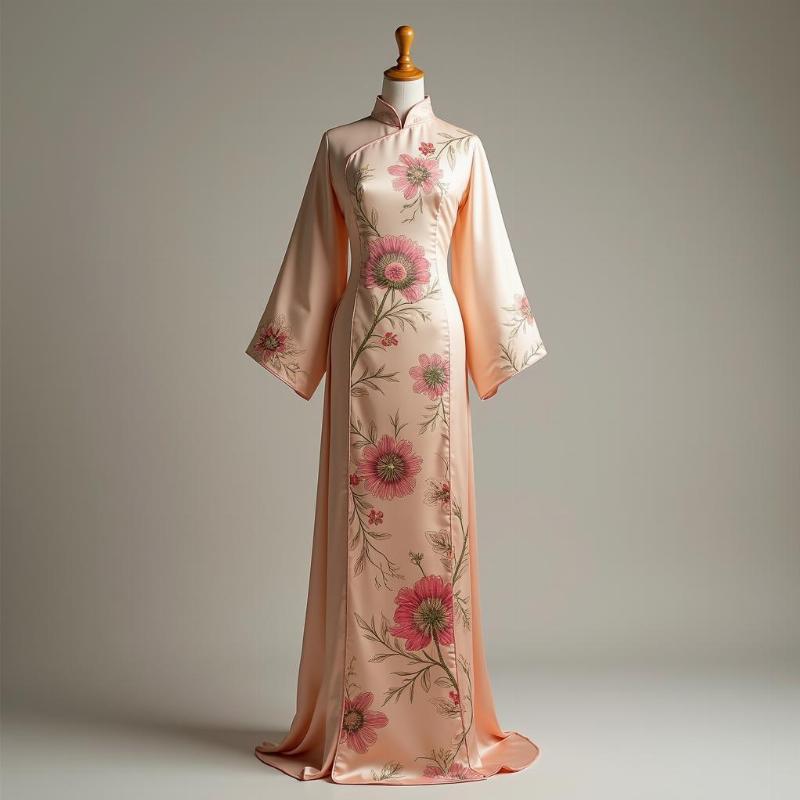 Mau ao dai truyen thong may bang vai gam hoa noi voi hoa tiet doc dao