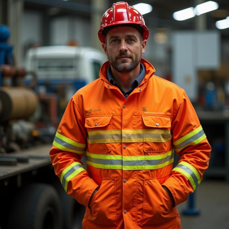 Công nhân mặc quần áo bảo hộ làm từ vải chống cháy trong môi trường làm việc công nghiệp