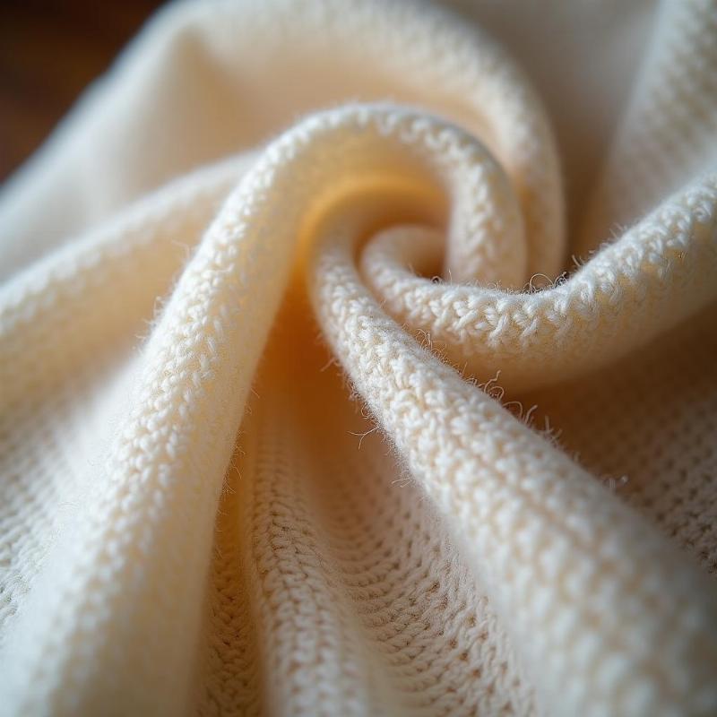 Ảnh chụp cận cảnh áo len hoặc khăn làm từ vải cashmere, thể hiện rõ độ mềm mại, mỏng nhẹ và sang trọng của chất liệu.